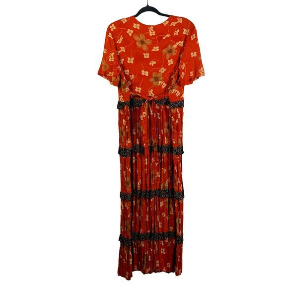 CACTUS FLOWER Dress Vintage V-Neck Ruffle Tiered Floral Western‎ Broom Style - Picture 2 of 12